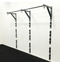 An 8 foot pull up bar attached to a white wall with hooks attached to the wall below
