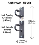 A close up of the H2 hooks along with a written diagram which shows the hook is 11.5 in/29.21 cm tall, 2.5 in/ 6.35cm wide, hook openings are 1.75 in/4.45 cm, and hook extends are 3.5 in/ 8.89 cm