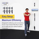 A handsome guy working out with a resistance band attatched to the hook. written is Easy Setup Maximum Efficiency Designed for efficiency and convenience, Anchor Gym 8-Hook Wall Mount allows you to easily set your workout stations in seconds.