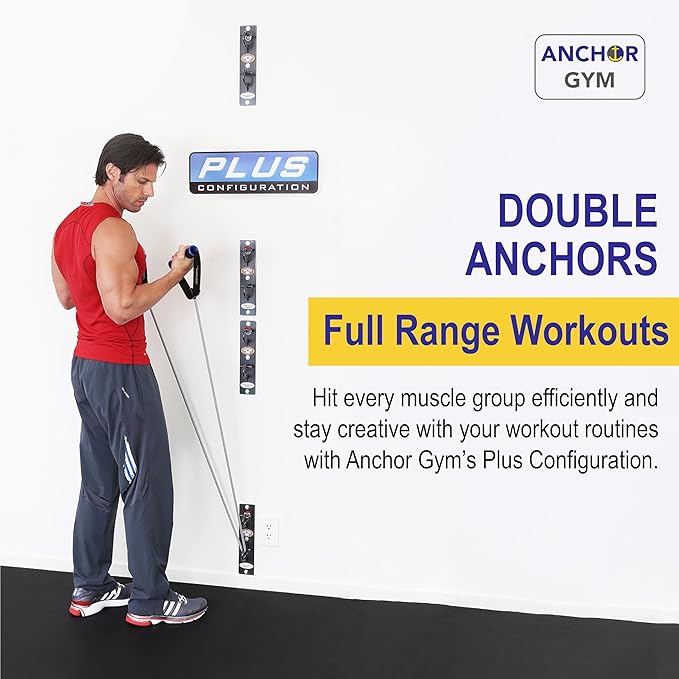 Muscular guy working out with a resistance band attached to a hook. Written is DOUBLE ANCHORS Full Range Workouts Hit every muscle group efficiently and stay creative with your workout routines with Anchor Gym's Plus Configuration.